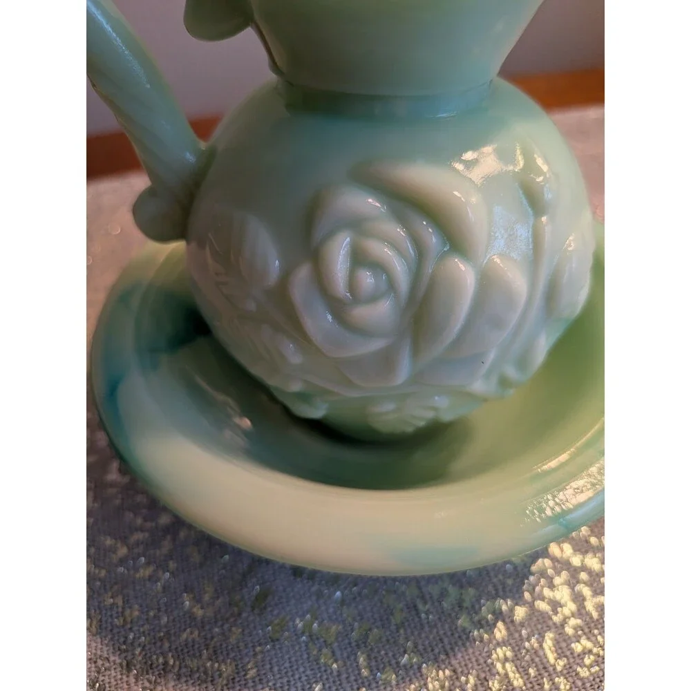 Green Milk Glass Pitcher Avon Basin Moonwind Bath Oil 5 1/2in Tall Vintage 70's